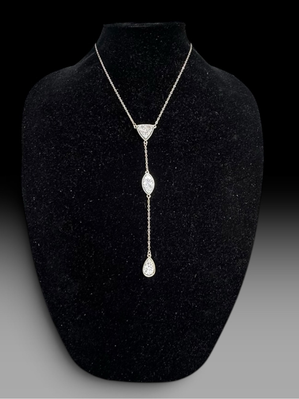 Gold-tone lariat necklace with three druzy stone drops